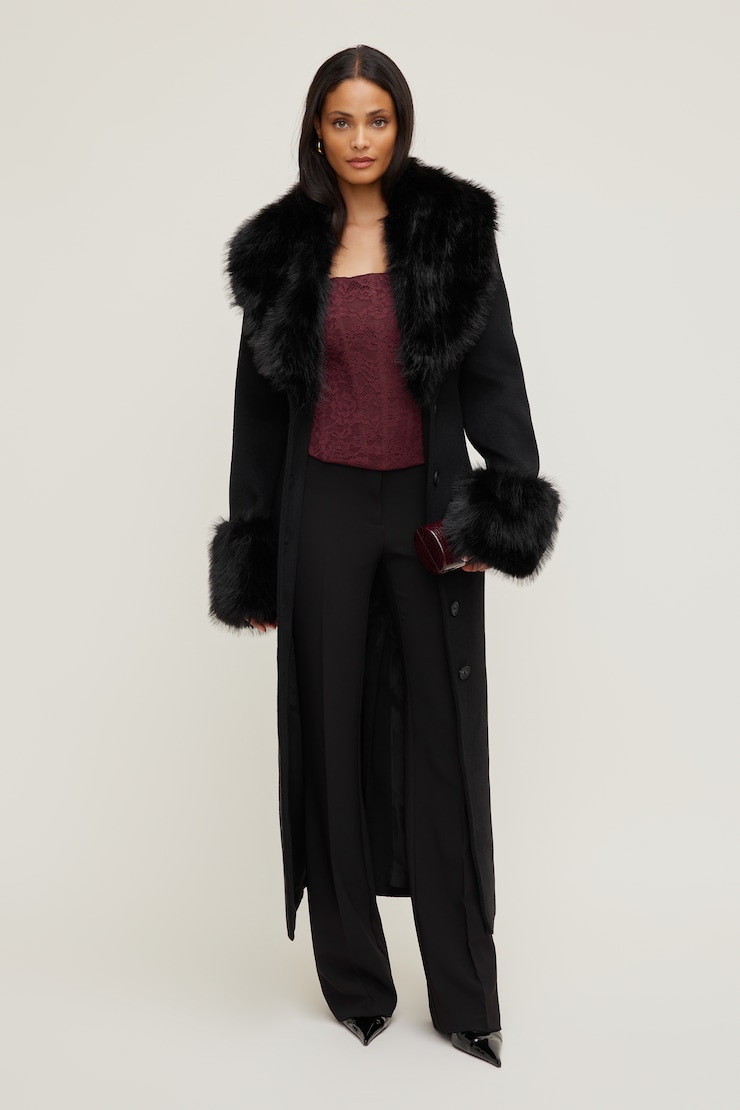 Faux Fur Trim Wool Coat Jet Black large