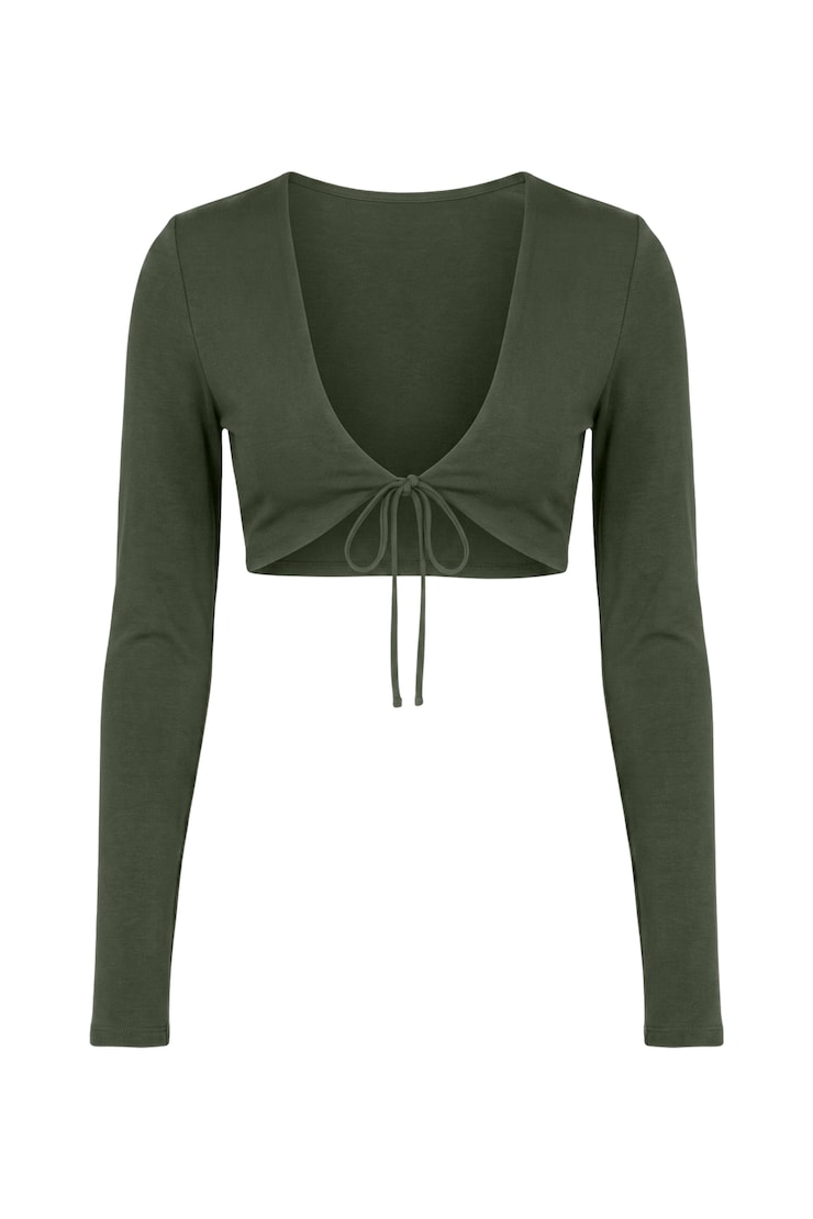 Sleek Tie Front Micro Long Sleeve Top, Olive Obsession, large