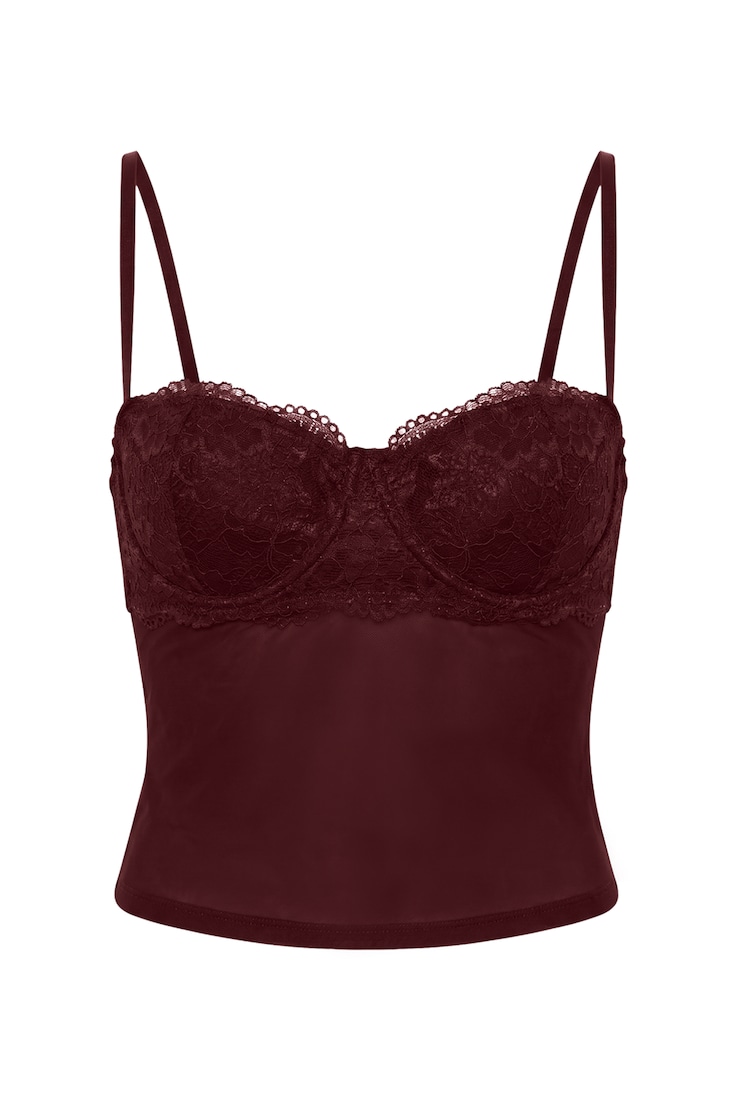 Sabrina Sheer Lace Corset Top, Burgundy Bite, large
