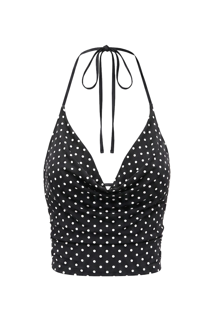 Cowl Neck Halter Top, Jet Black/White Polka Dots, large