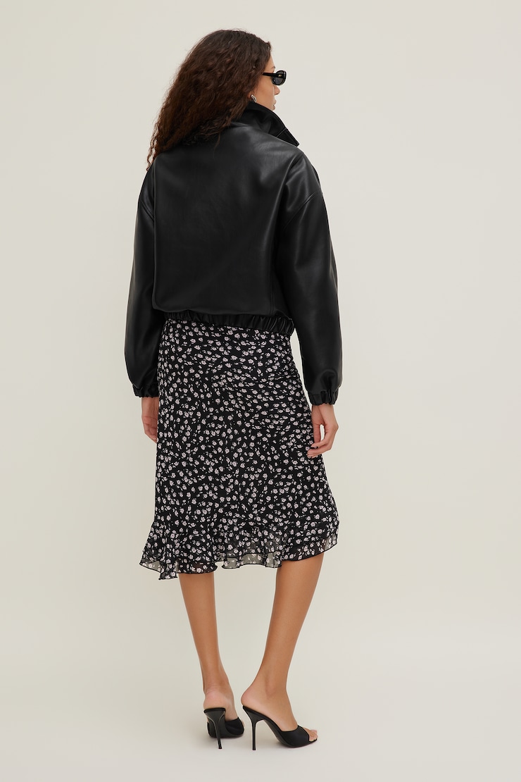 Jupe midi volantée en georgette Fleuri noir large