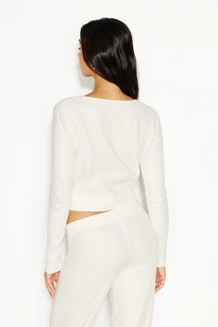 Chenille Front Tie Sweater, Tofu Off-White, large