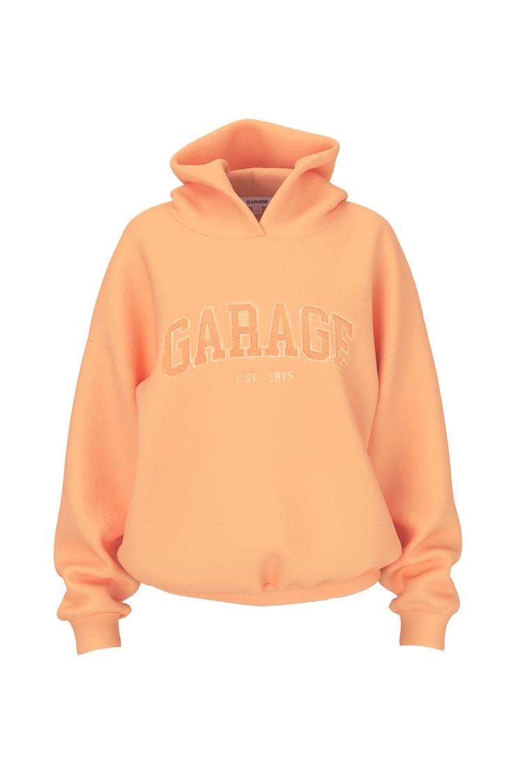 UltraFleece Hoodie, Juicy Peach Orange with Chenille "GARAGE" Logo, large
