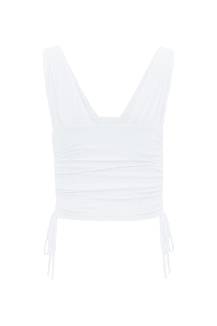 Haut froncé plongeant en maille à attaches, Blanc éclatant, large