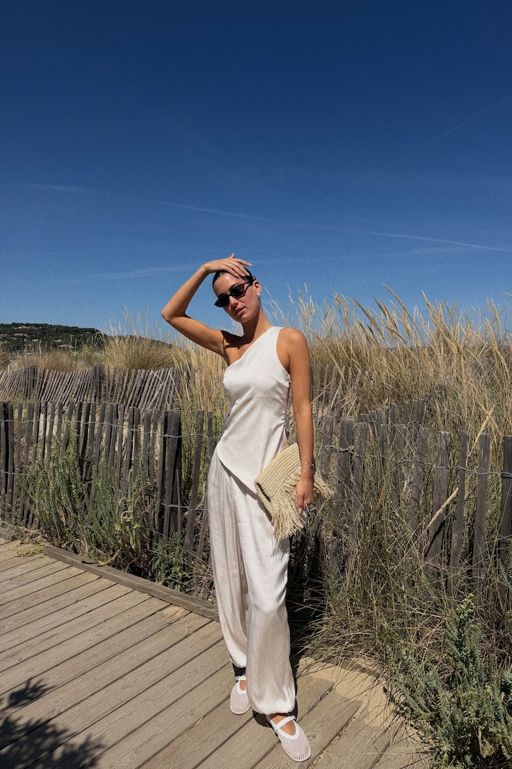 Single Shoulder Satin Top Sea Salt Cream large