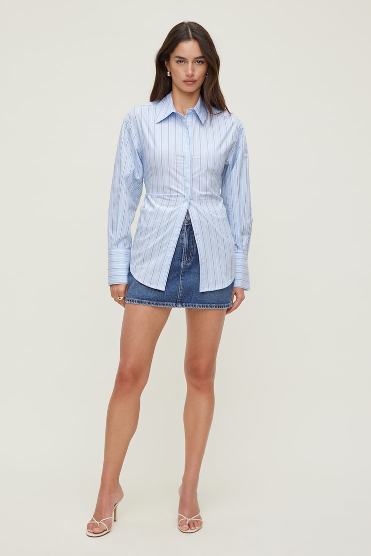 Poplin Cinch Back Shirt Blue Stripe large