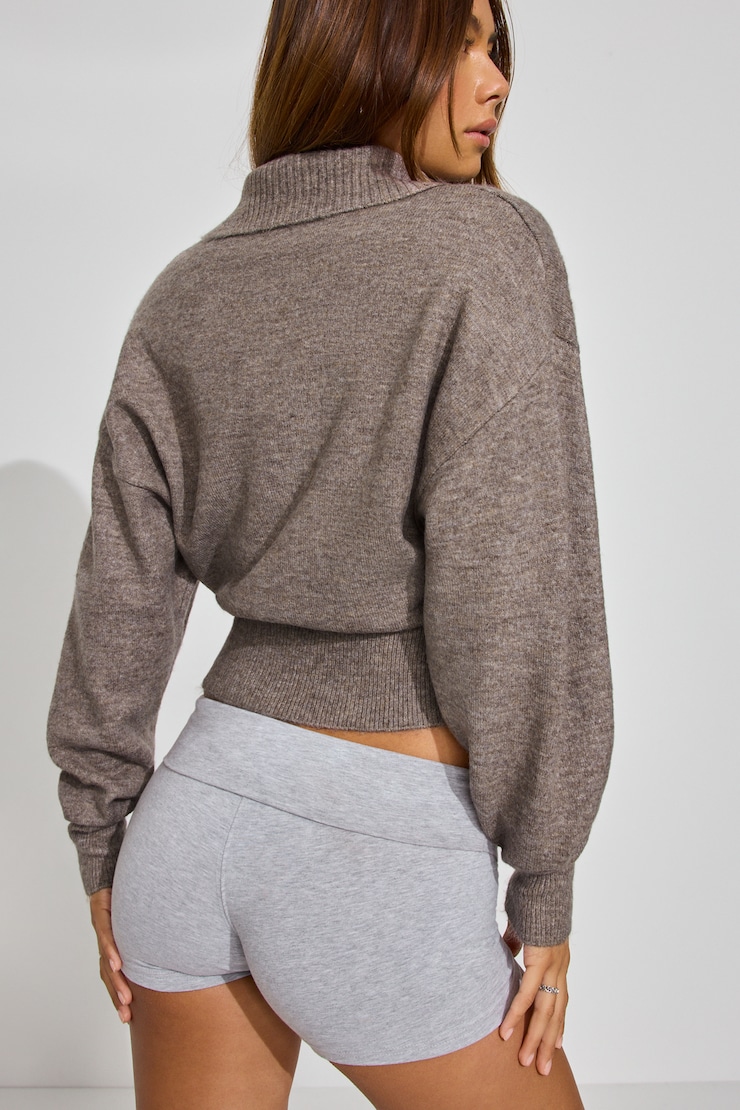 Long Sleeve Spongy Henley Sweater, Hazelnut Melange, large