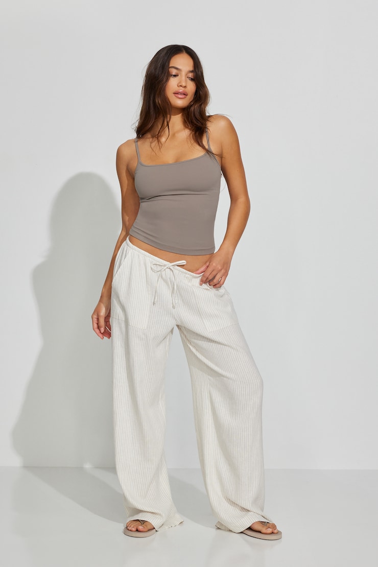 Millie Linen Pull-On Pants, Beige/White Stripes, large