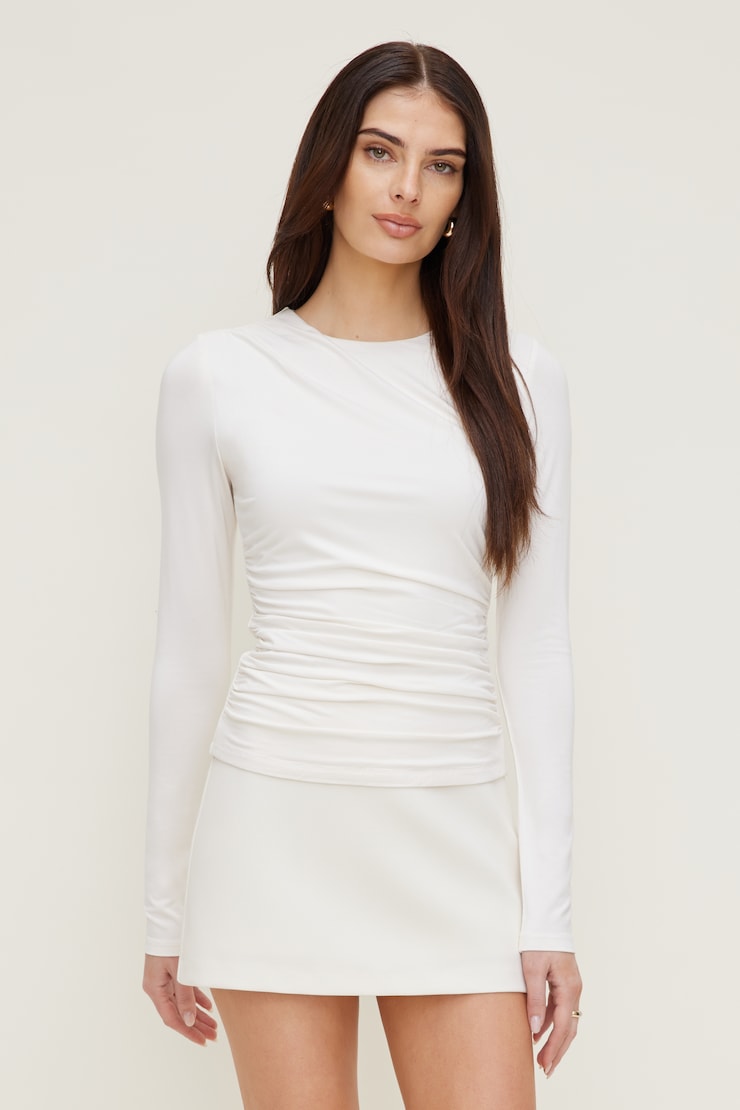 Draped Long Sleeve Top Beige | Dynamite