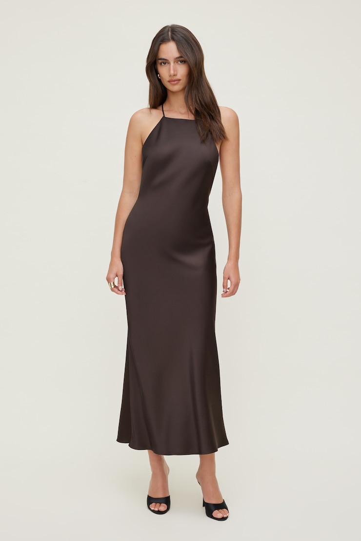 Open Back Satin Maxi Slip Dress Chocolate Torte Brown large
