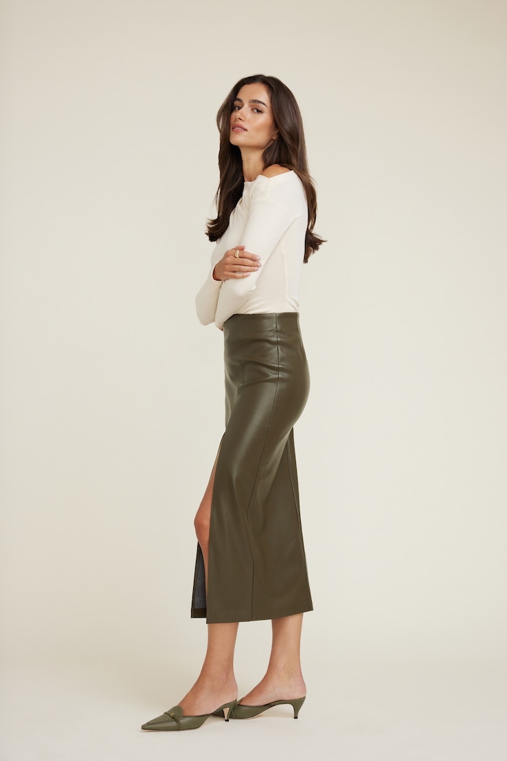 Jupe midi en faux cuir Marlow Vert mousse tropicale large