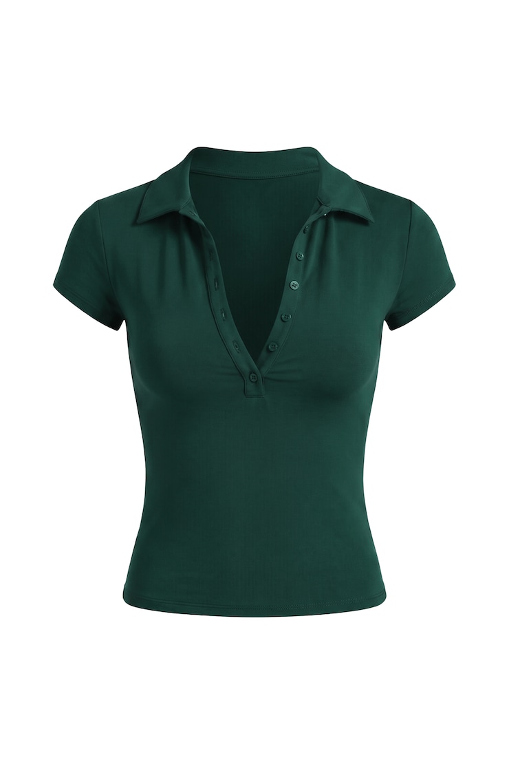 Sleek Short Sleeve Polo Top, Green Envy, large