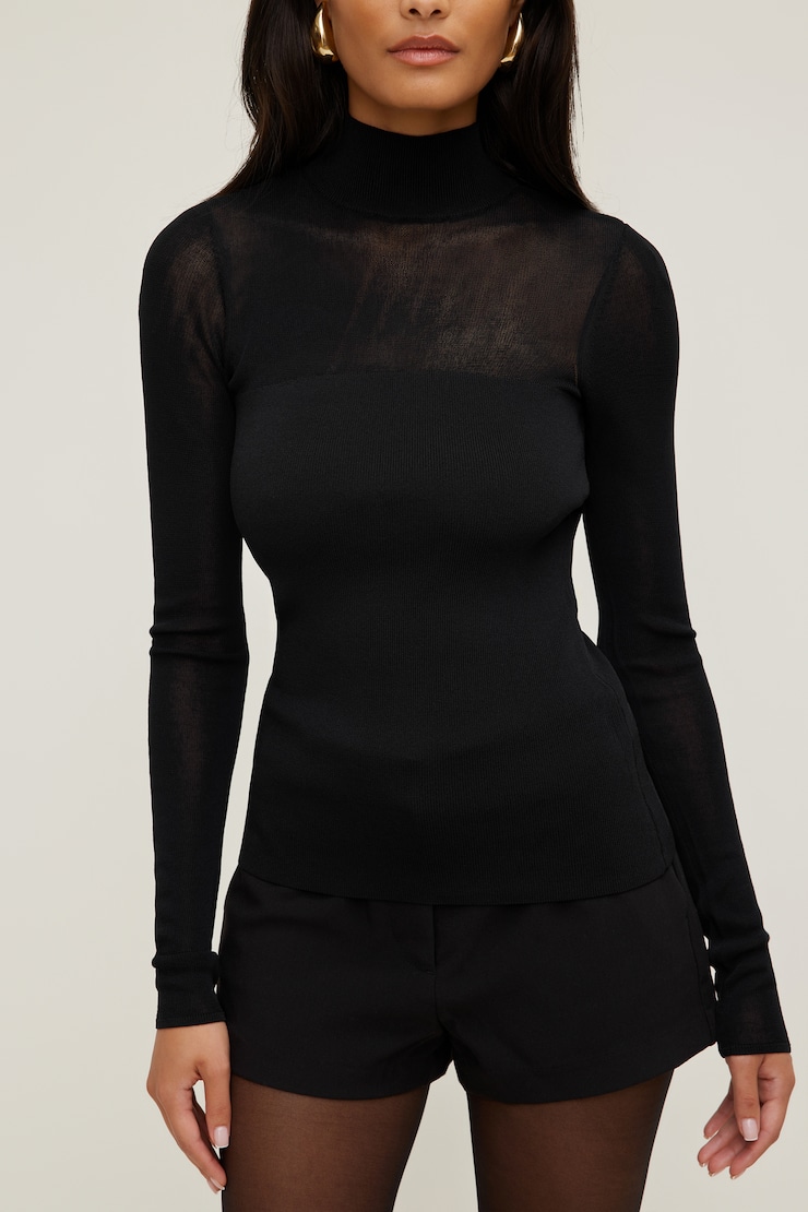 Sheer Opaque Mock Neck Sweater JET BLACK large