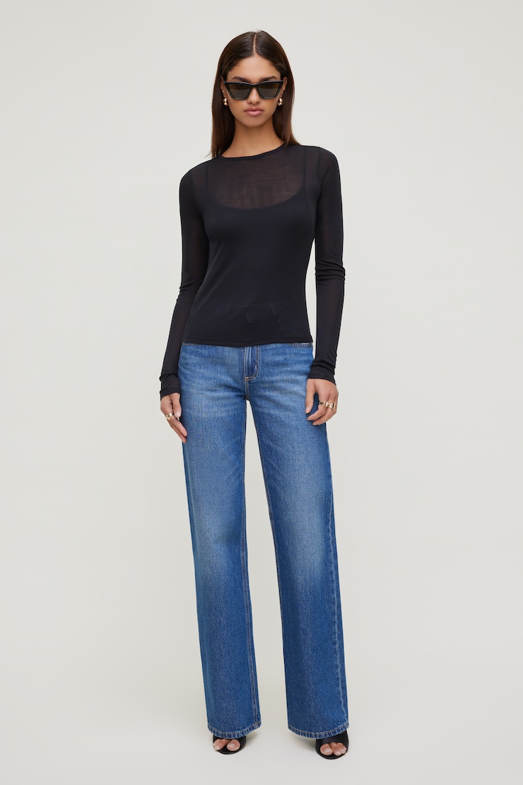 Sheer Layered Cami and Long Sleeve T Shirt Jet Black large