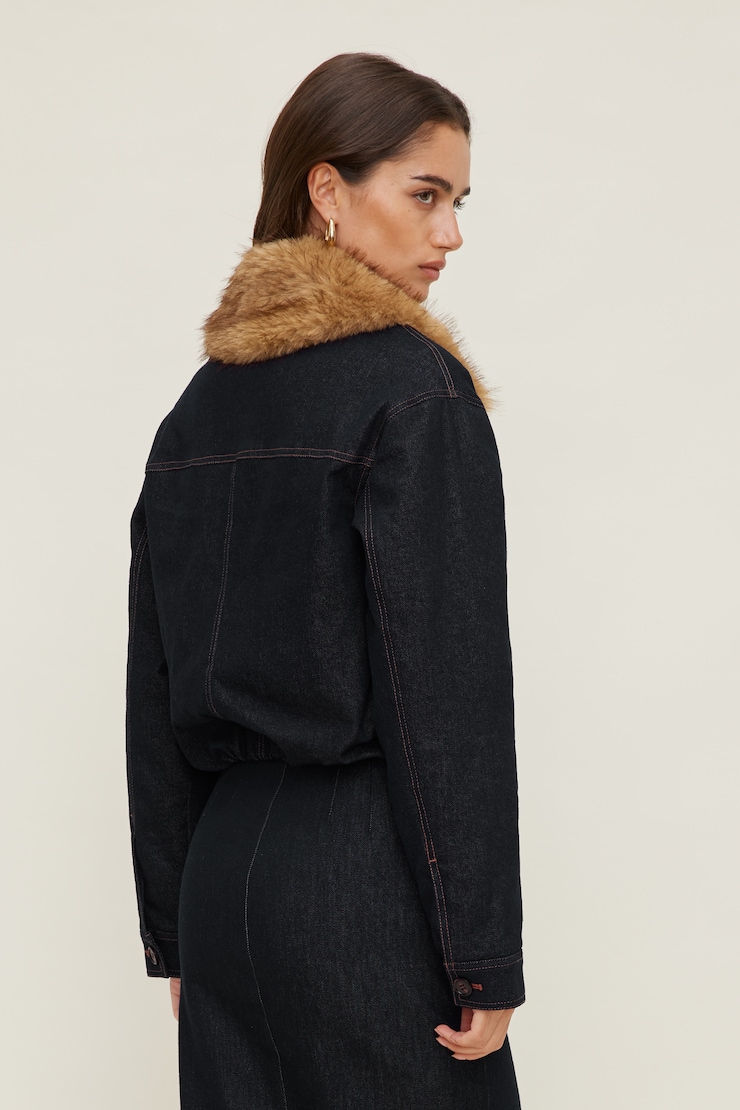 Faux Fur Collar Denim Aviator Jacket Medium Dark Indigo / Rinse large