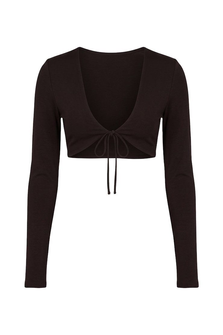 Sleek Tie Front Micro Long Sleeve Top, Chocolate Mousse Brown, large