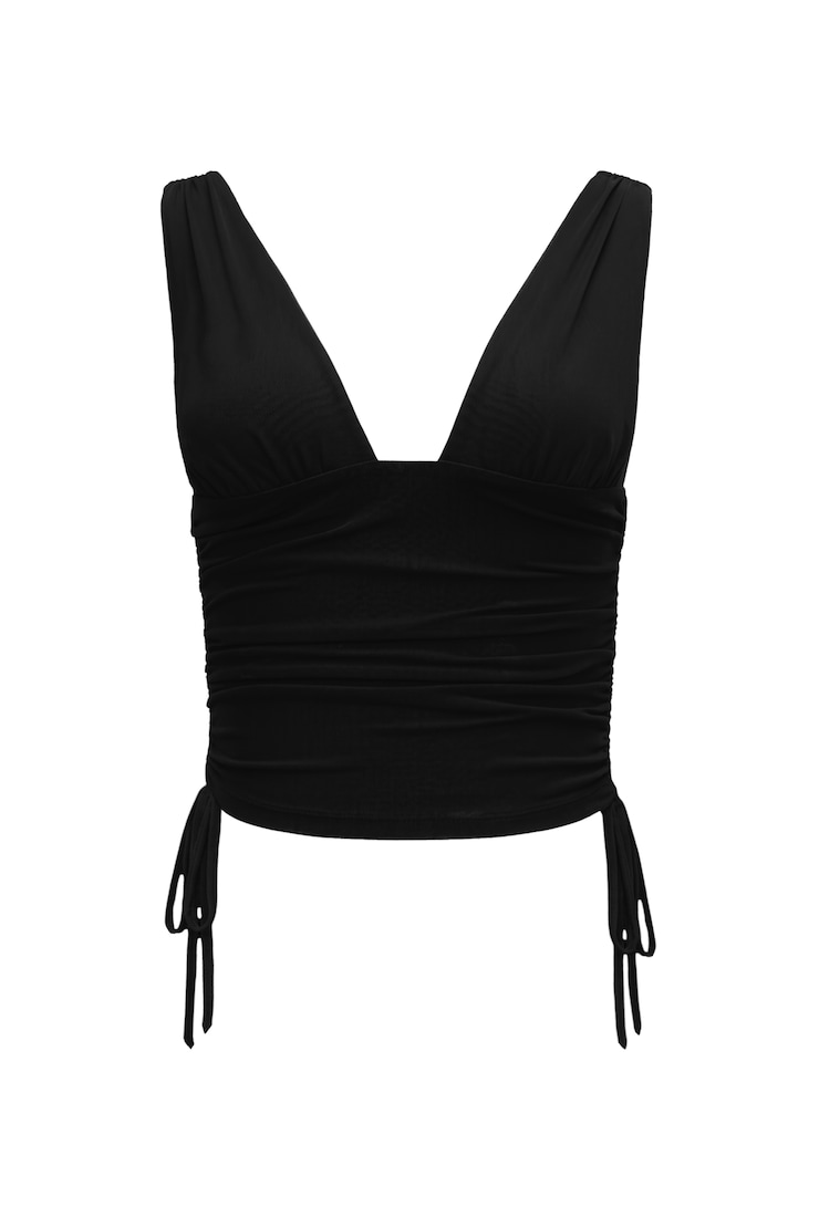 Plunge Ruched Tie Mesh Top, Jet Black, large