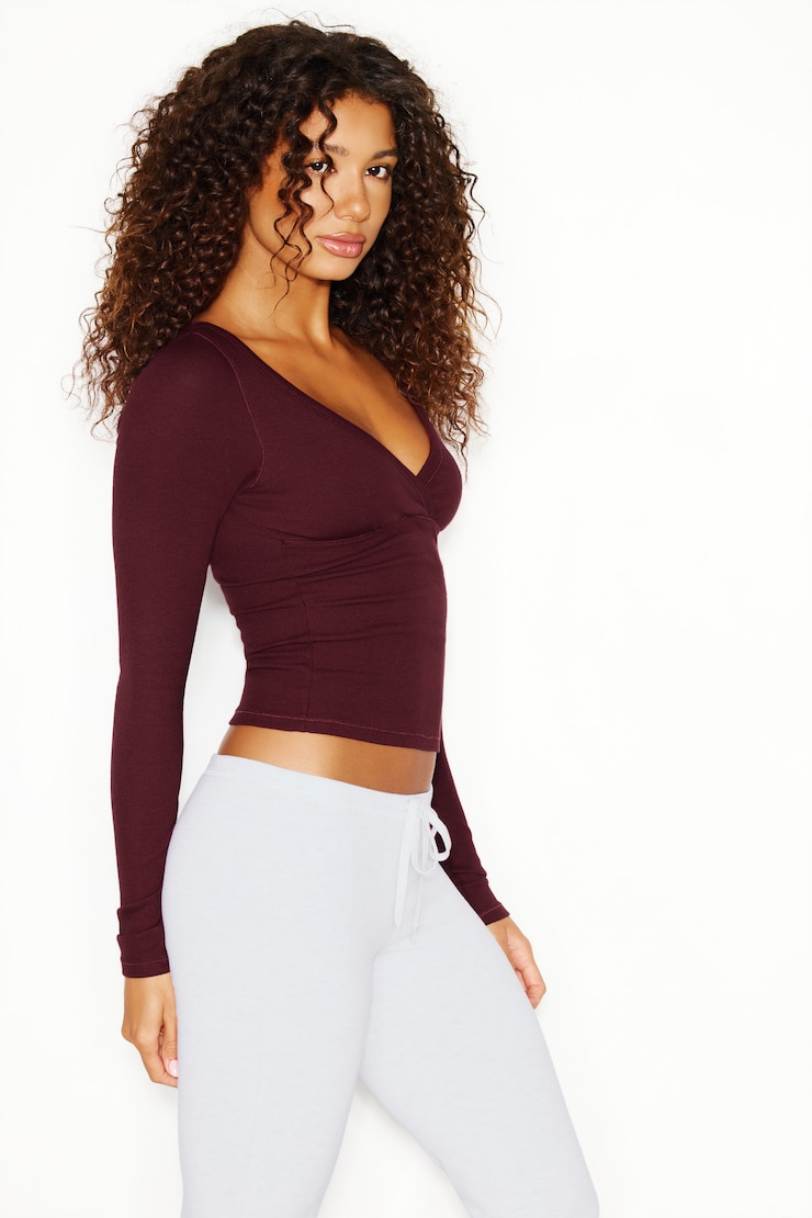 SnatchRib Crossover Longsleeve Top, Burgundy Bite, large