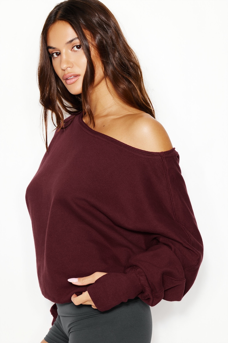 SoftTerry Off Shoulder Sweatshirt, Burgundy Bite, large