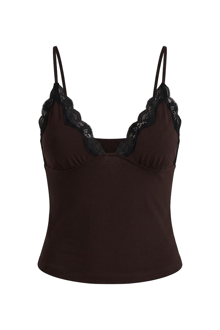 Sleek Plunge Lace Trim Cami Top, Chocolate Mousse Brown w/ Jet Black, large