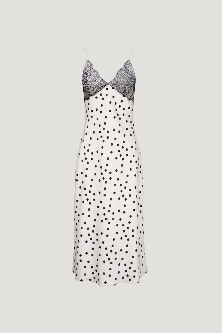 Lace Trim Satin Midi Dress Off White w/ Black Polka Dots large