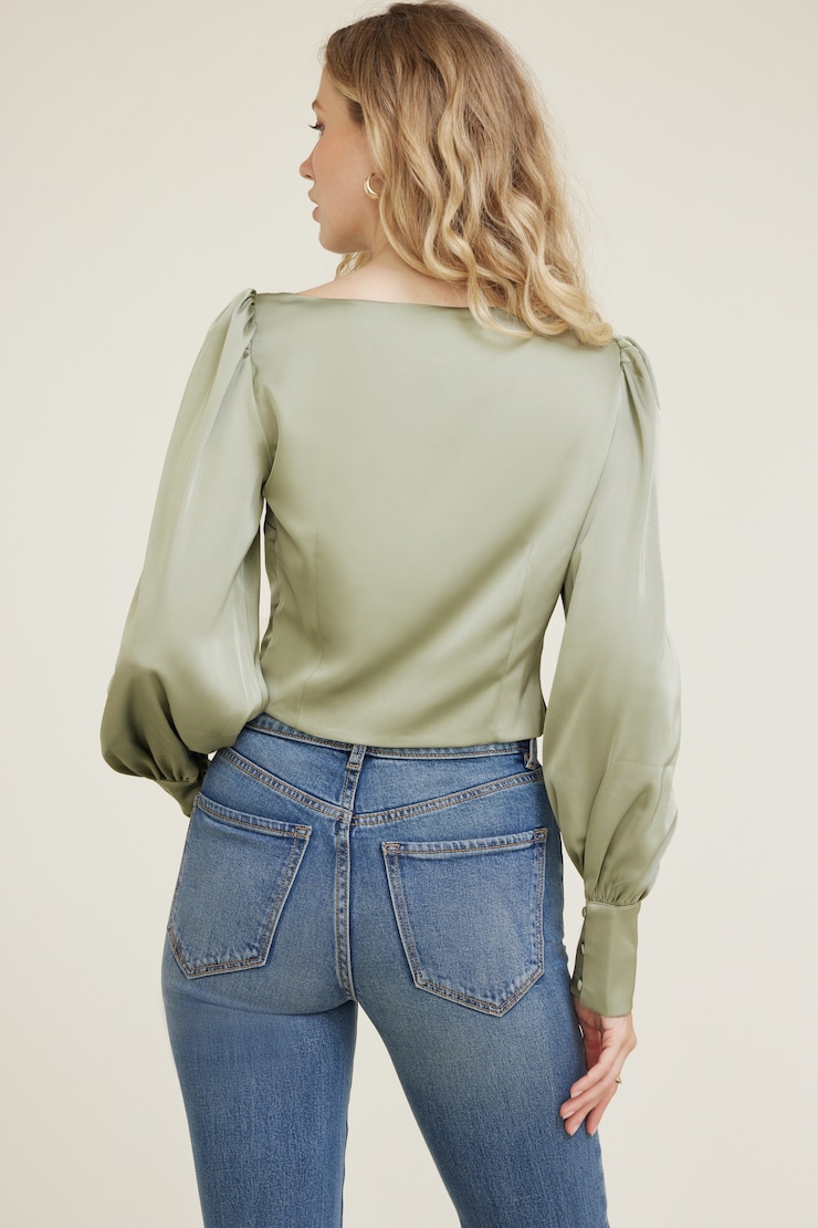 Faye Cropped Boat Neck Satin Blouse Seagrass Green large