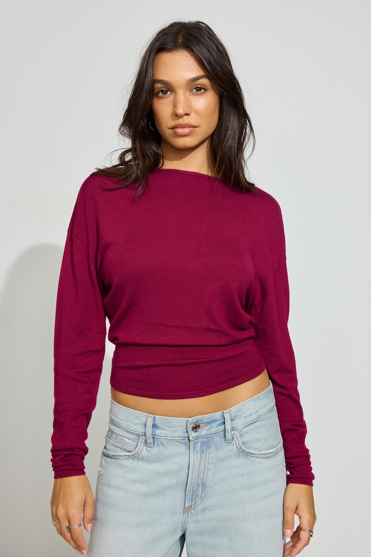 Open Cross Back Sweater, Sour Cherry Burgundy, large