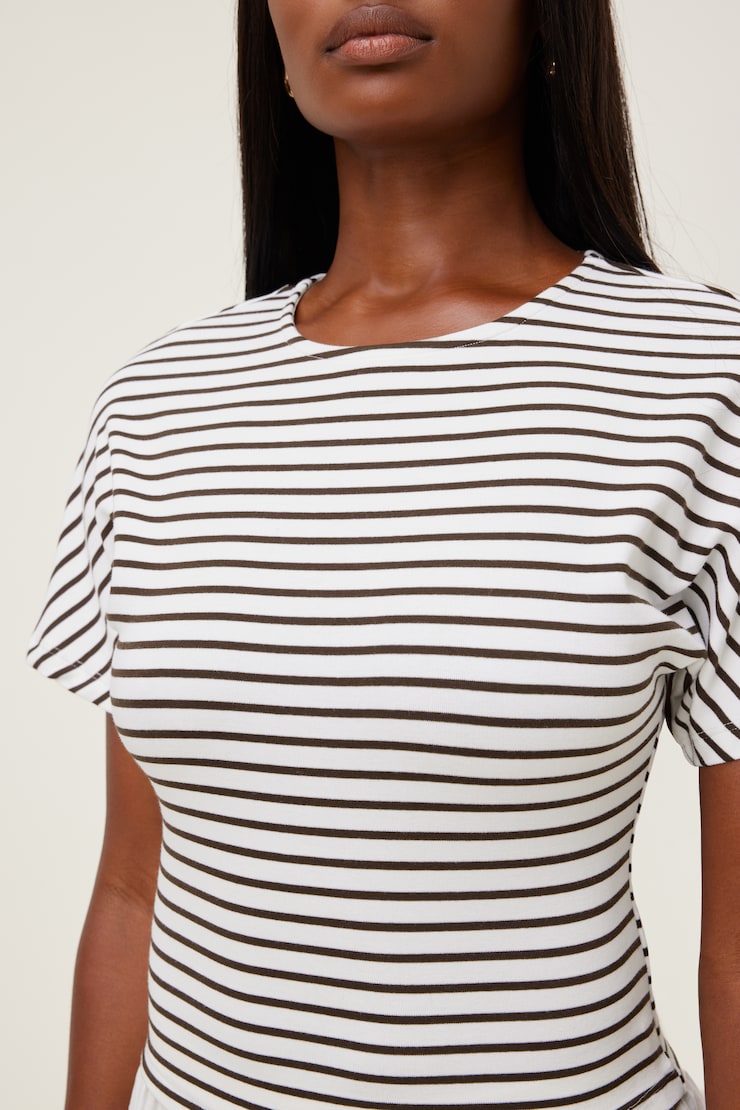 Andrea Striped Cotton T Shirt Snow White / Java Brown Stripe large