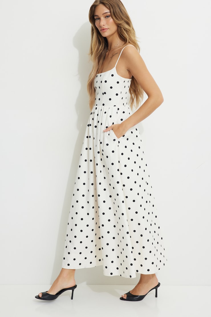 black and white polka dot maxi dress Milumia Women's Dots Tank Vintage Mock Neck Long Dresses dot print and a unique scarf Nellie Maxi Dress | Black