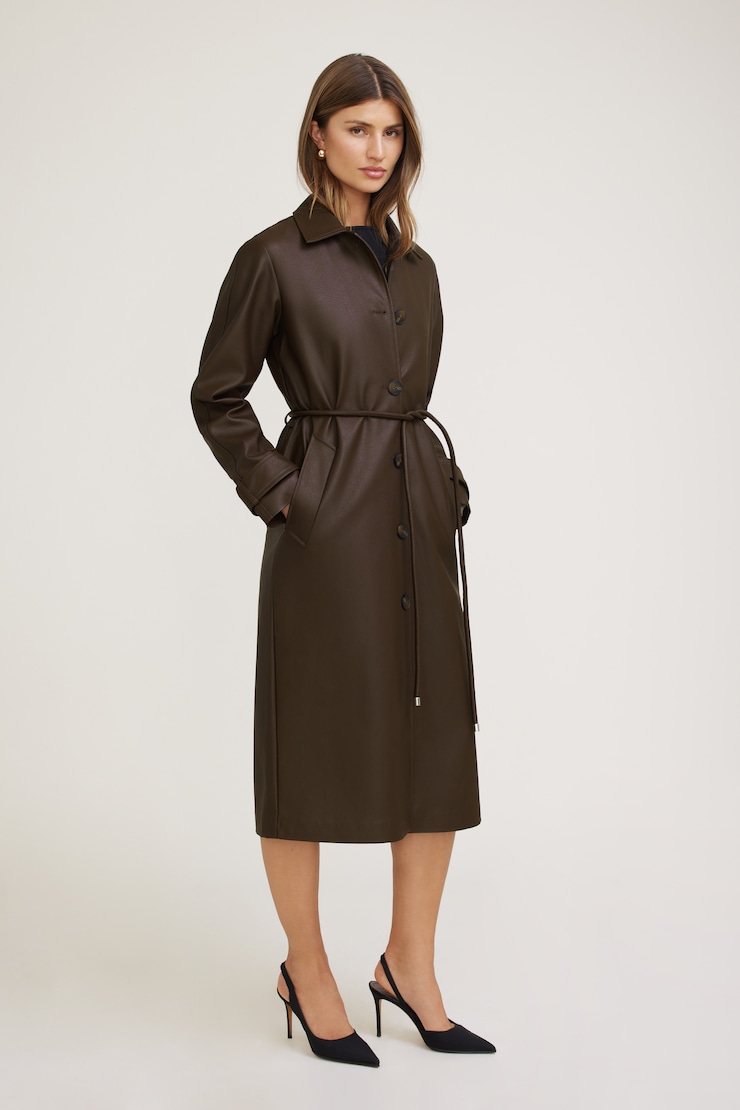 Faux Leather Mac Coat Coffee Bean Brown large