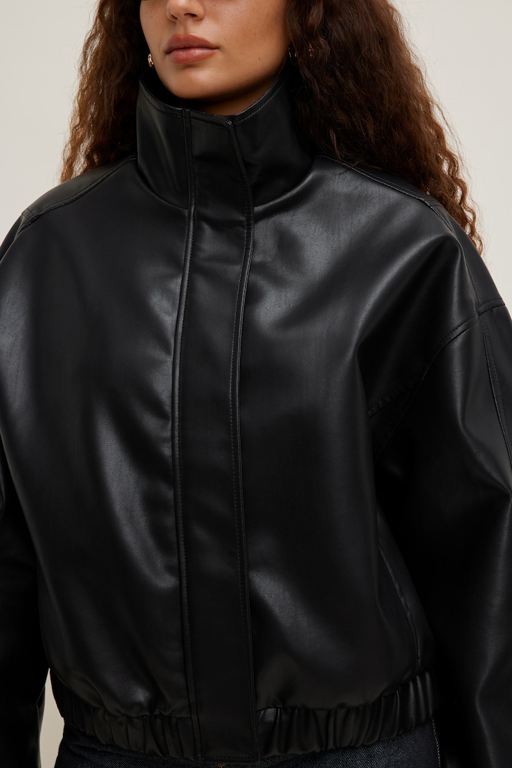 Brynn Faux Leather Bomber Jacket Jet Black large