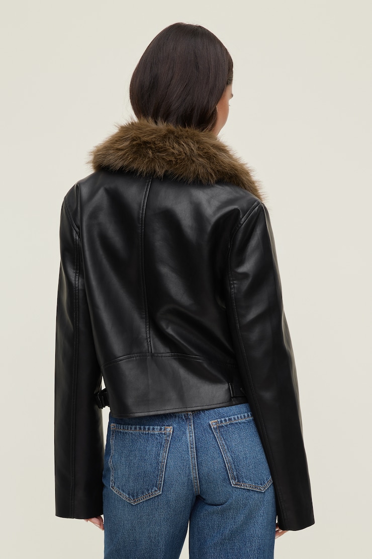 Faux Fur Collar Leather Jacket