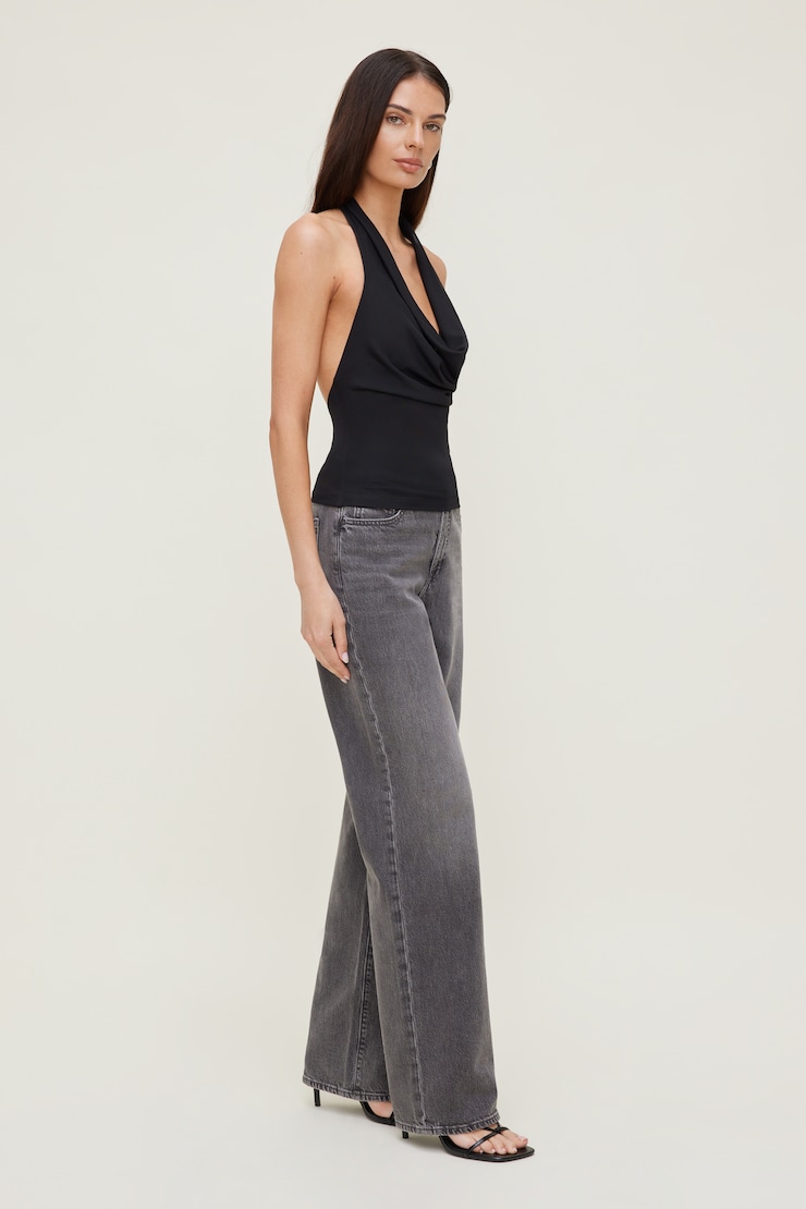 Cowl Neck Mesh Halter Top Jet Black large