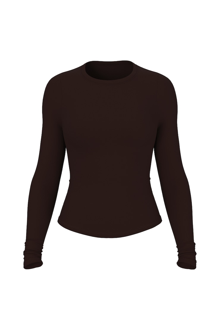 Sleek Crewneck Longsleeve Top, Chocolate Mousse Brown, large