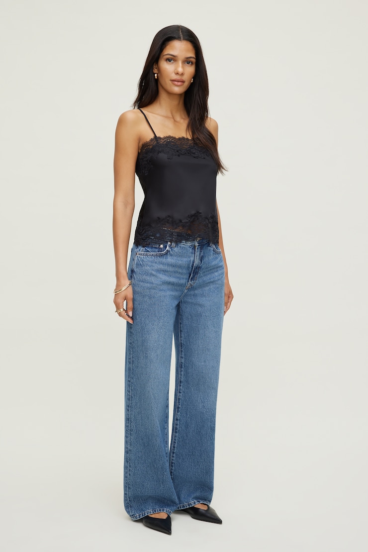 Lace Trim Satin Cami Top Jet Black large