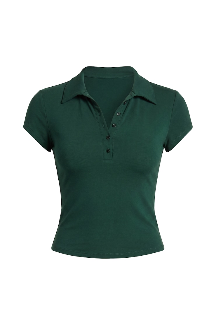 Sleek Short Sleeve Polo Top, Green Envy, large