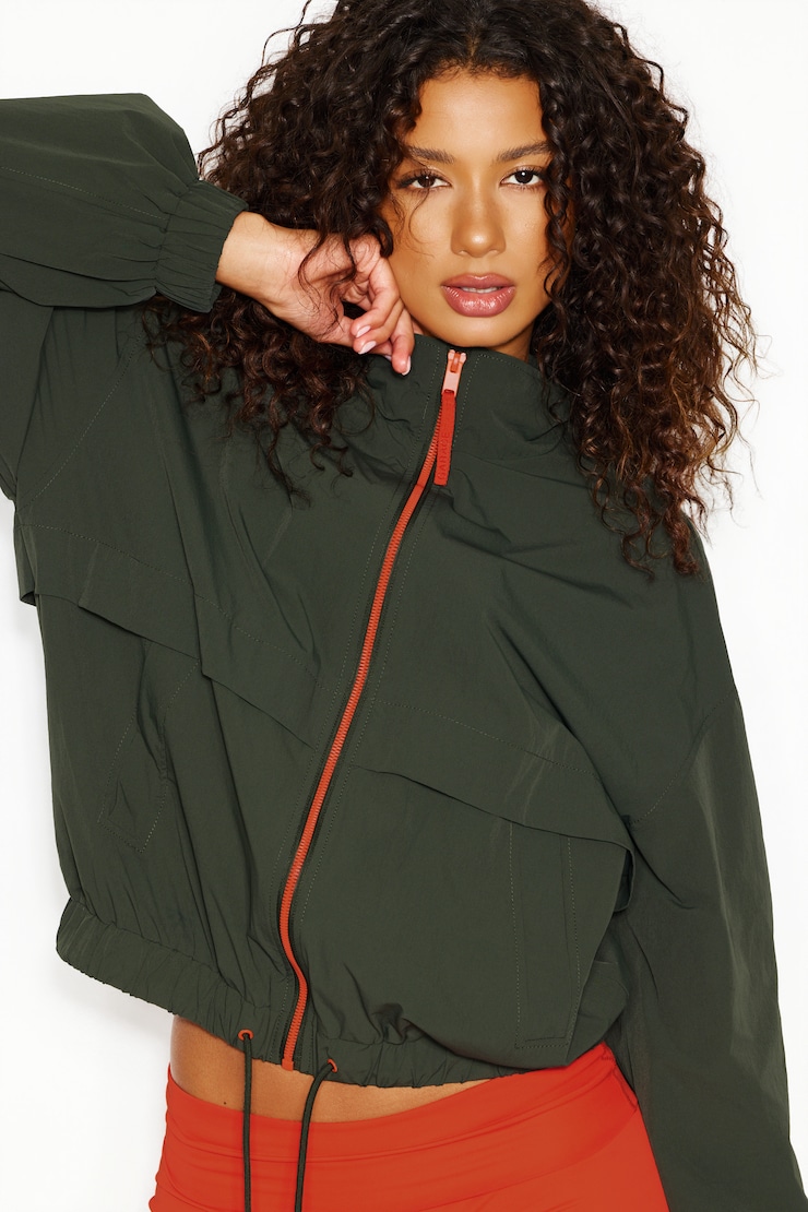 Long Water Repellent Windbreaker, Olive Obsession/Spicy Paloma Orange, large