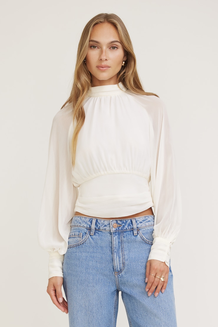 Mock Neck Chiffon Blouse Sea Salt Off White large
