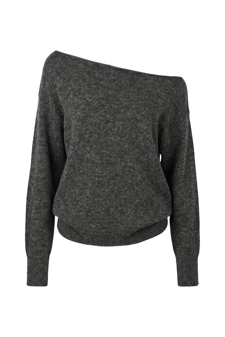 Long Sleeve Spongy Relaxed Off Shoulder Sweater, Concrete Melange, large