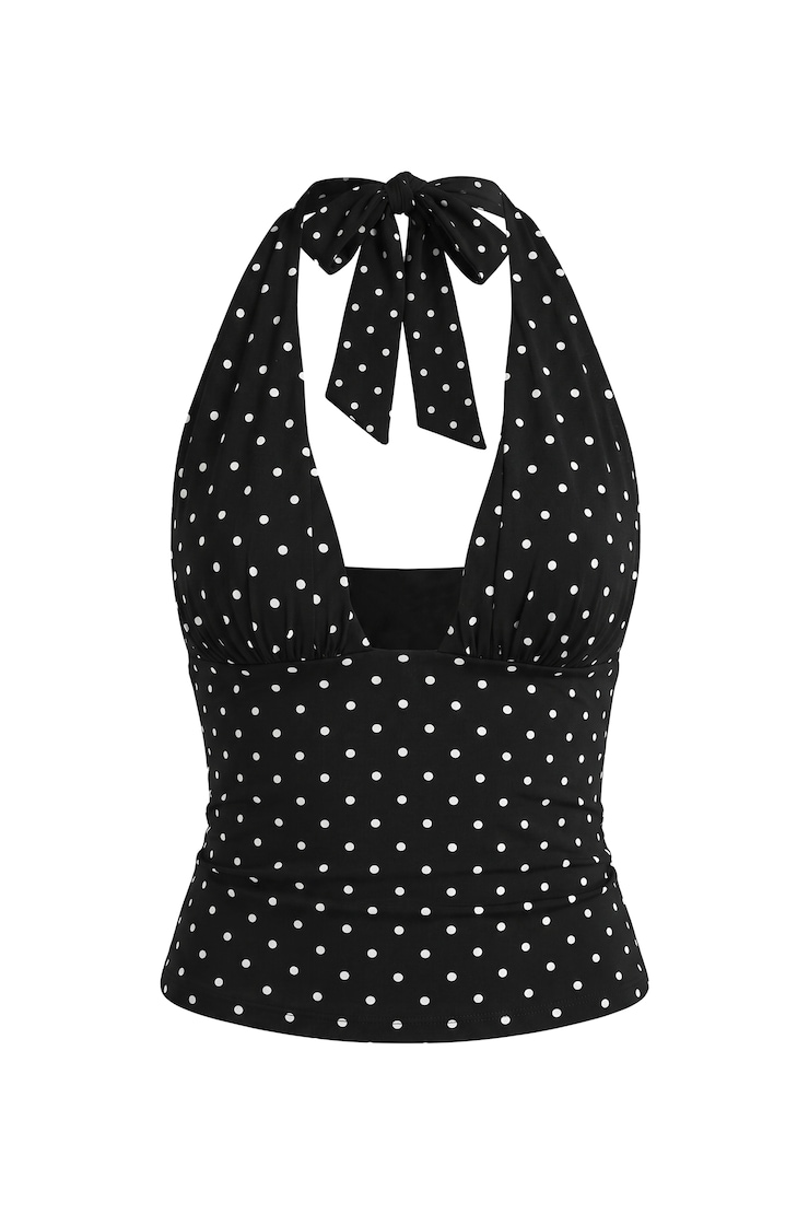Ruched Pixie Halter Top, Jet Black/White Polka Dots, large