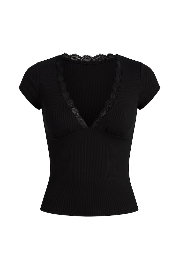 T-shirt à col plongeant et bordure en dentelle SnatchRib, Noir encre, large