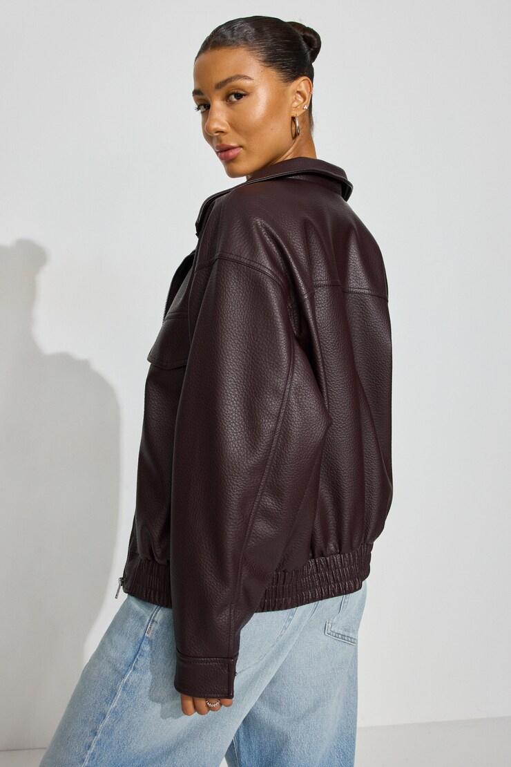 Oversized Faux Leather Bomber, Deep Burgundy, large