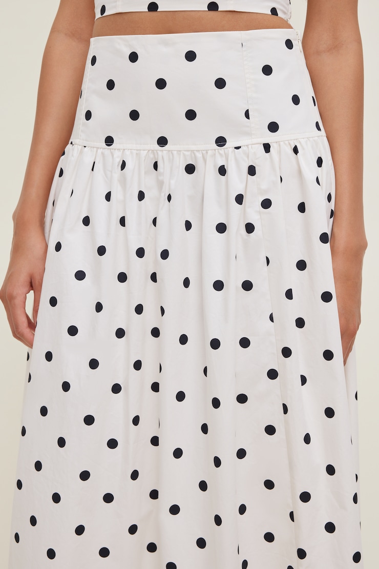 Drop Waist Poplin Midi Skirt White w/ Black Polka Dots large