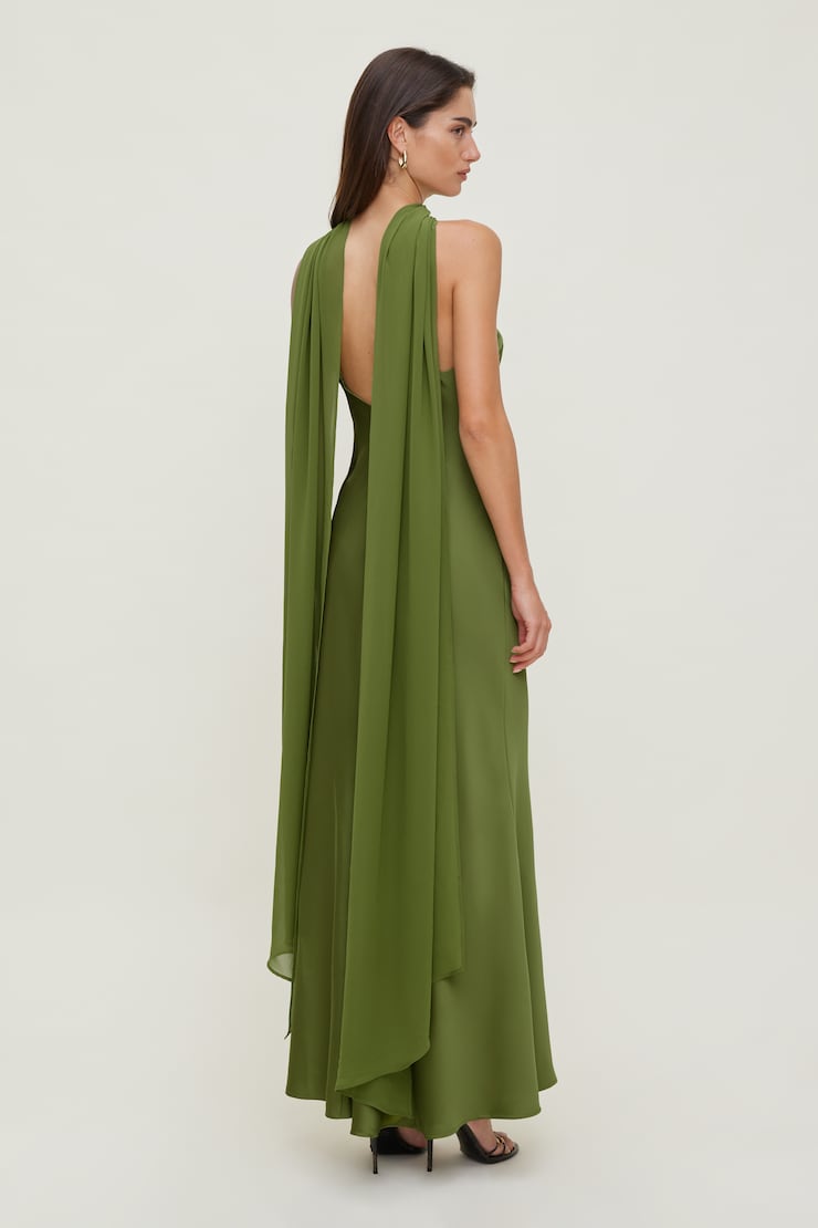 Robe écharpe licou maxi en satin Vert calla large