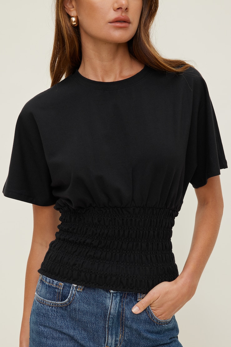 Smocked Cotton Spandex T Shirt Jet Black large