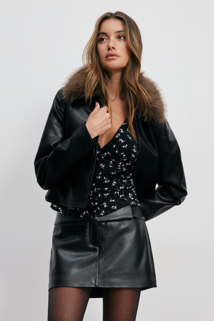 Faux Fur Collar Faux Leather Jacket