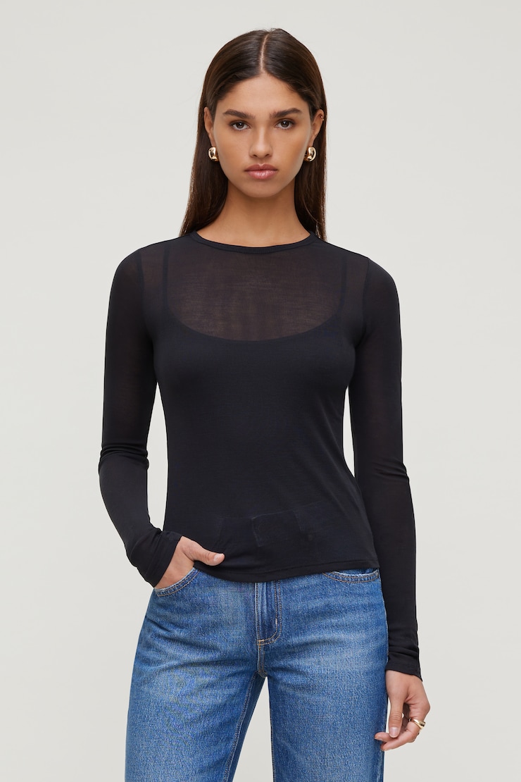 Sheer Layered Cami and Long Sleeve T Shirt Black | Dynamite