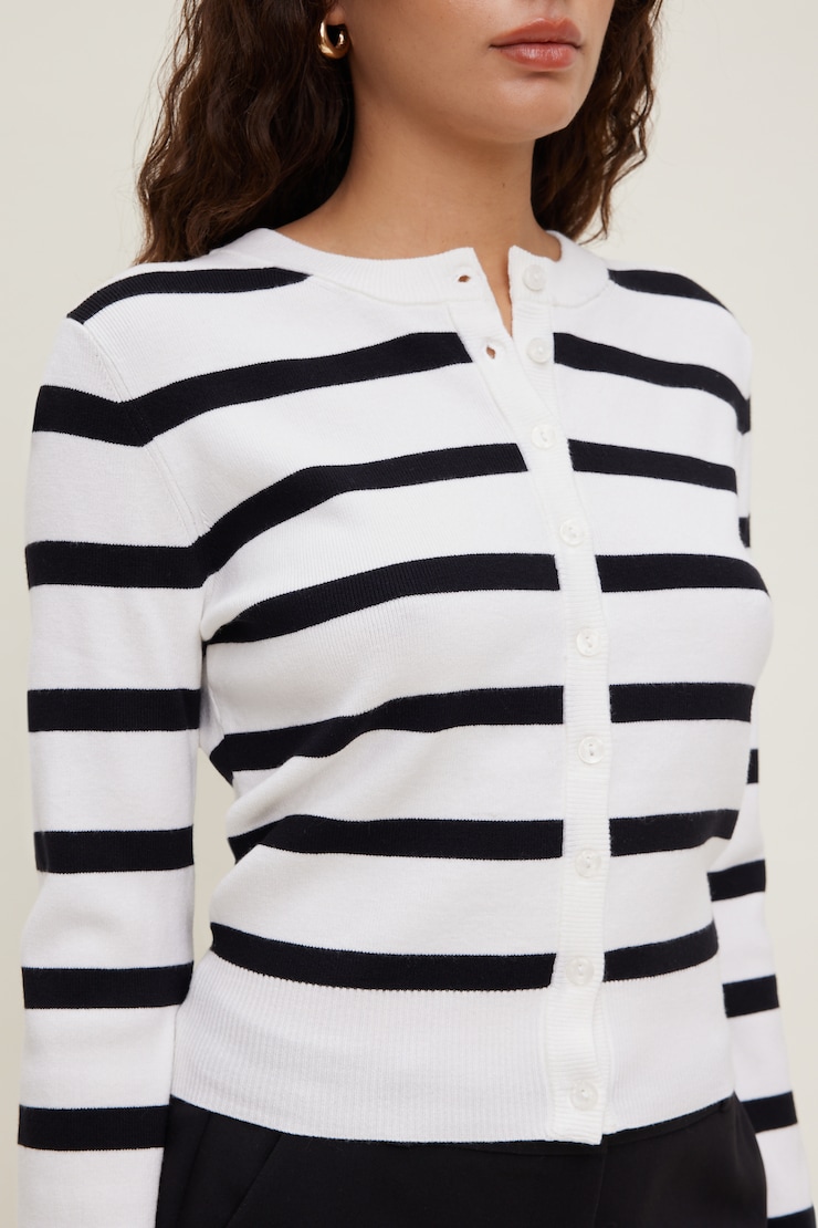 Rebecca Crewneck Cardigan Snow White / Black Stripe large
