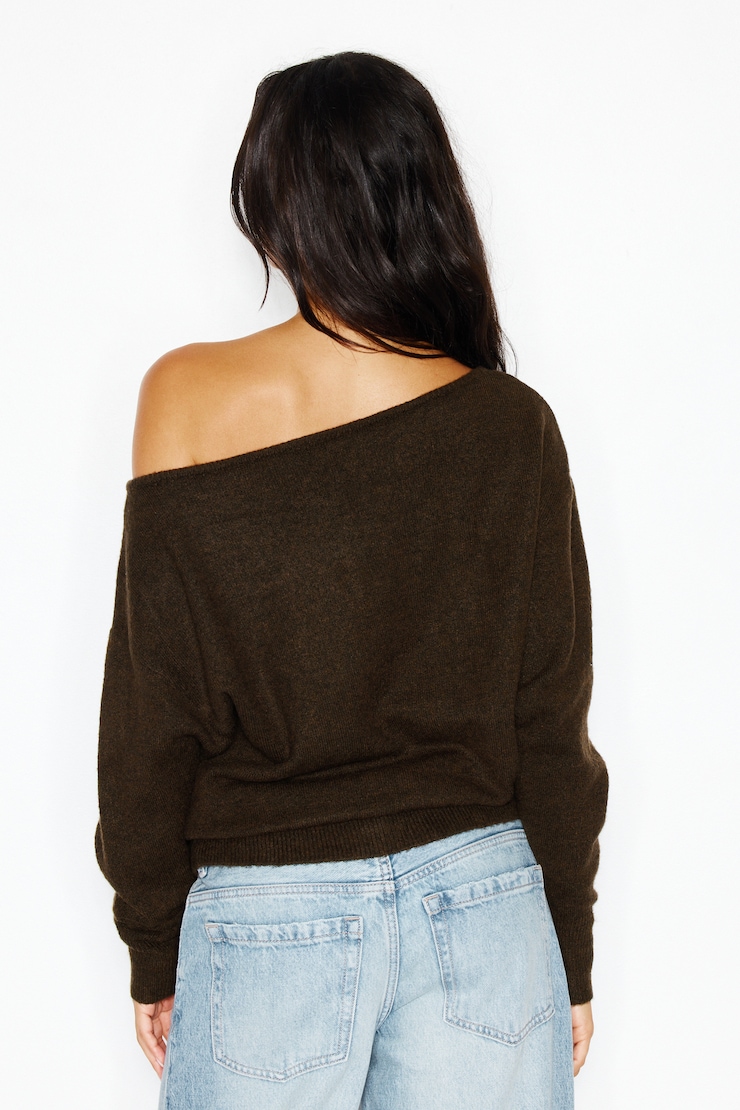 Long Sleeve Spongy Relaxed Off Shoulder Sweater, French Roast Melange, large