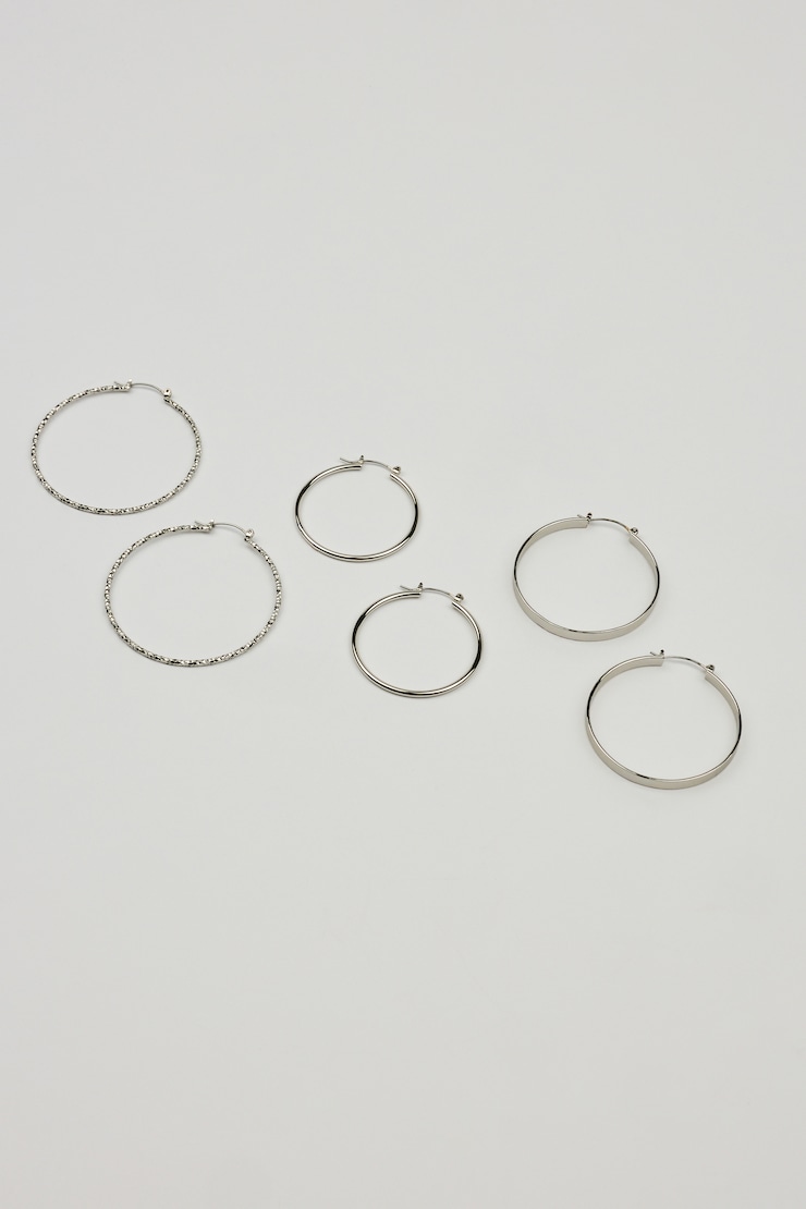 3 Pack Smooth & Textured Hoop Earrings, Silver, large